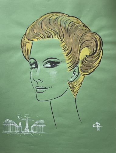 mode_paris_france_coiffure_1967_peinture_grande_technique_mixte_signee