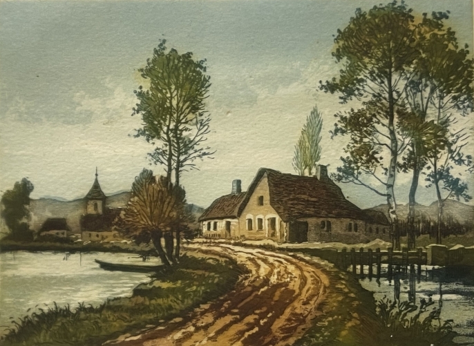 joly_???_la_route_au_bord_du_lac_paysage_villageois_aquatinte_en_couleurs_signee