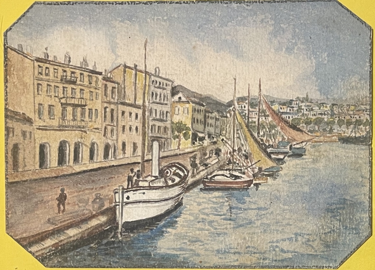 port_de_provence_aquarelle_vers_1917_france_barque_a_vapeur