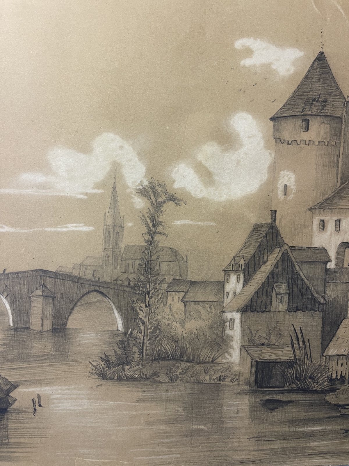 aval_1865_france_castle_and_mayenne_river_signed_graphite_and_chalk_drawing