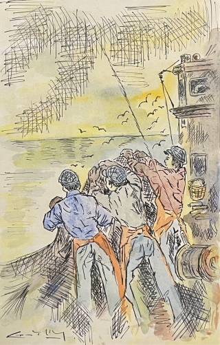 peche_au_chalut_bateau_marin_poisson_aquarelle_et_encre_vers_1980_qualite_signee