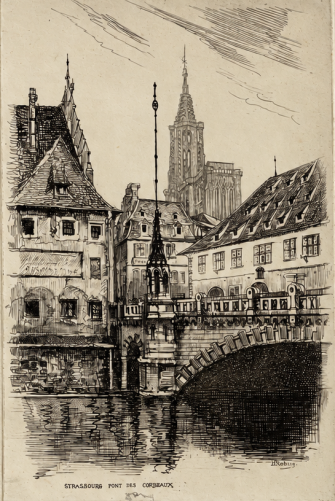 strasbourg,_bas-rhin_???_pont_du_corbeau_et_cathedrale,_gravure_de_leopold_robin_vers_1930