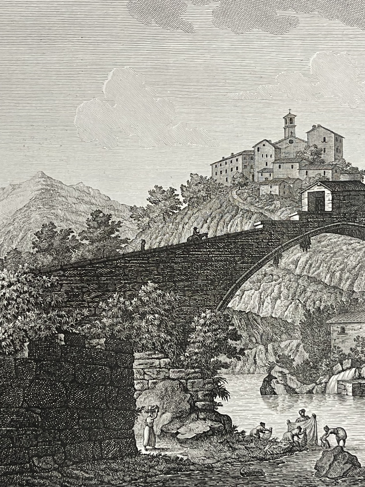 vicano_a_pelago_italie_gravure_originale_vers_1824_pont