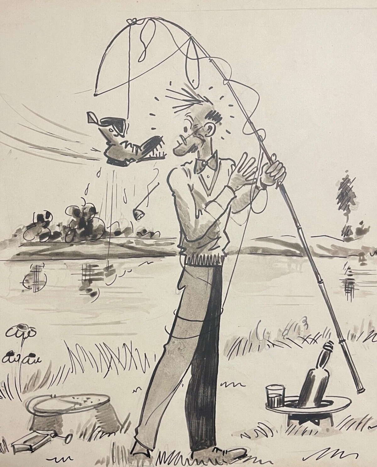 le_pecheur_chaussure_dessin_encre_humoristique_vers_1940_anonyme