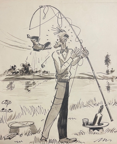le_pecheur_chaussure_dessin_encre_humoristique_vers_1940_anonyme