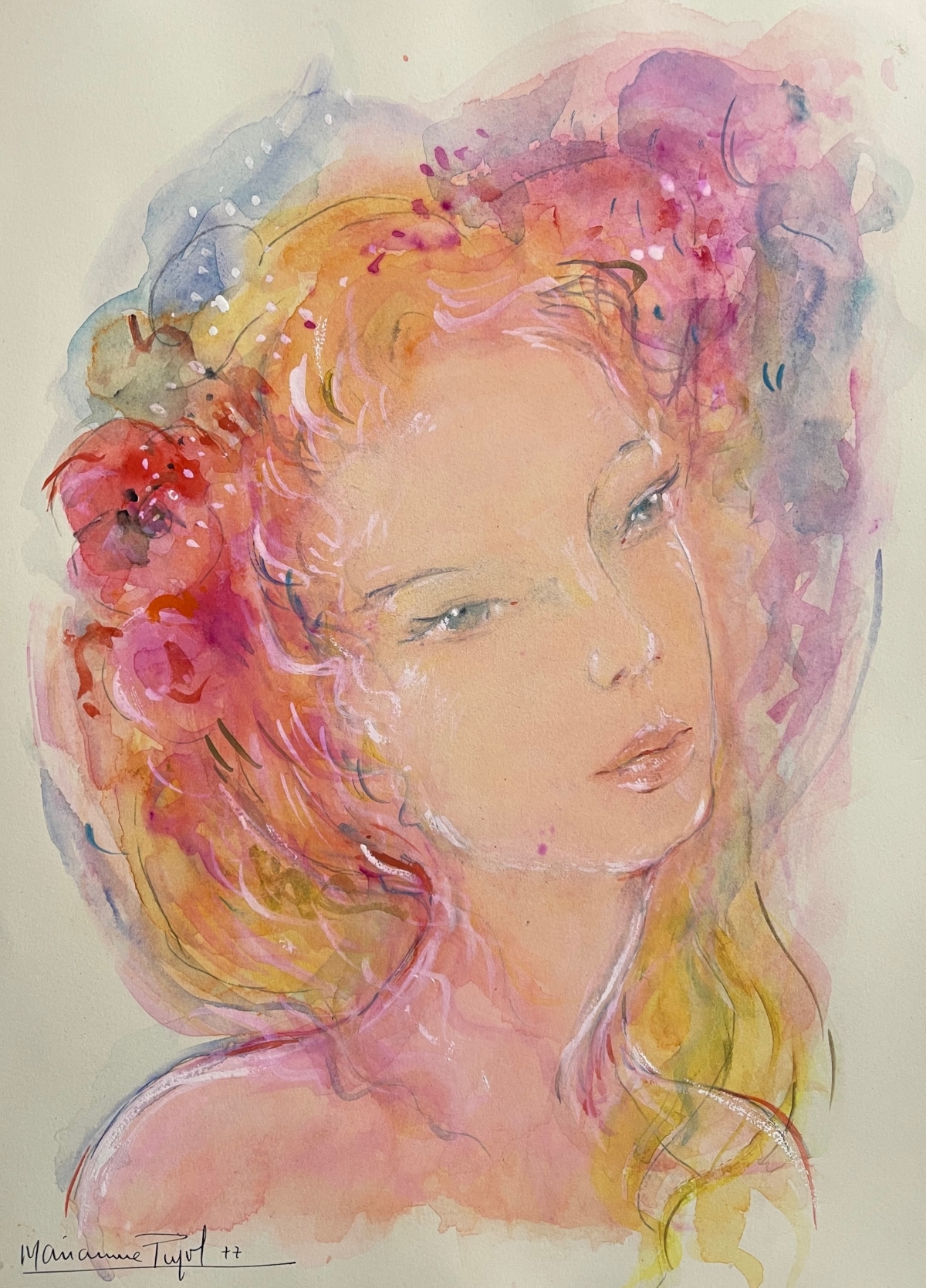 portrait_de_jeune_femme_aquarelle_signee_pujol_1977_france