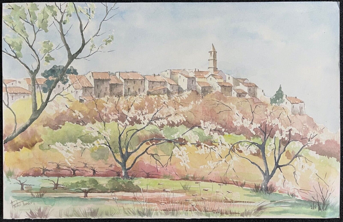 village_de_provence_grande_aquarelle_signee_andre_trevert_vers_1990