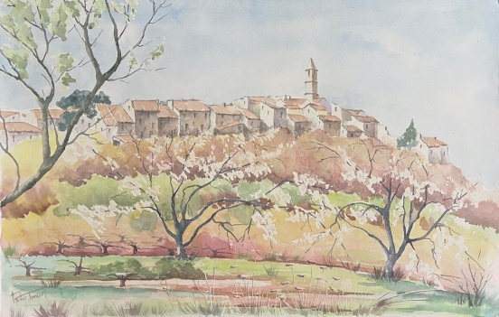 village_de_provence_grande_aquarelle_signee_andre_trevert_vers_1990