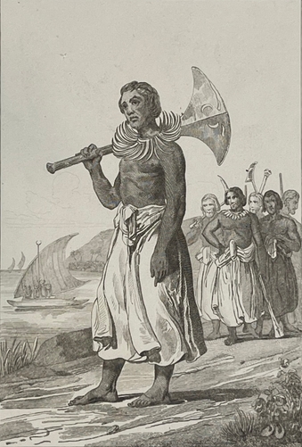 iles_tonga_chef_des_guerriers_en_costume_de_guerre_oceanie_1837_polynesie_hache