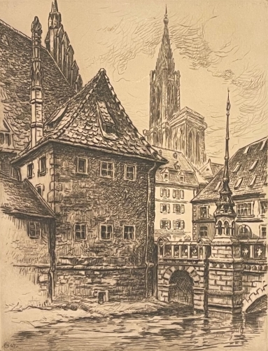 strasbourg_pont_du_corbeau_1947_pointe_seche_signee_marcel_bessan_alsace_france