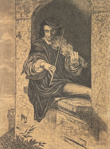 violoniste_dans_la_fenetre_du_beffroi_dessin_graphite_xixe_violon_musique_archet