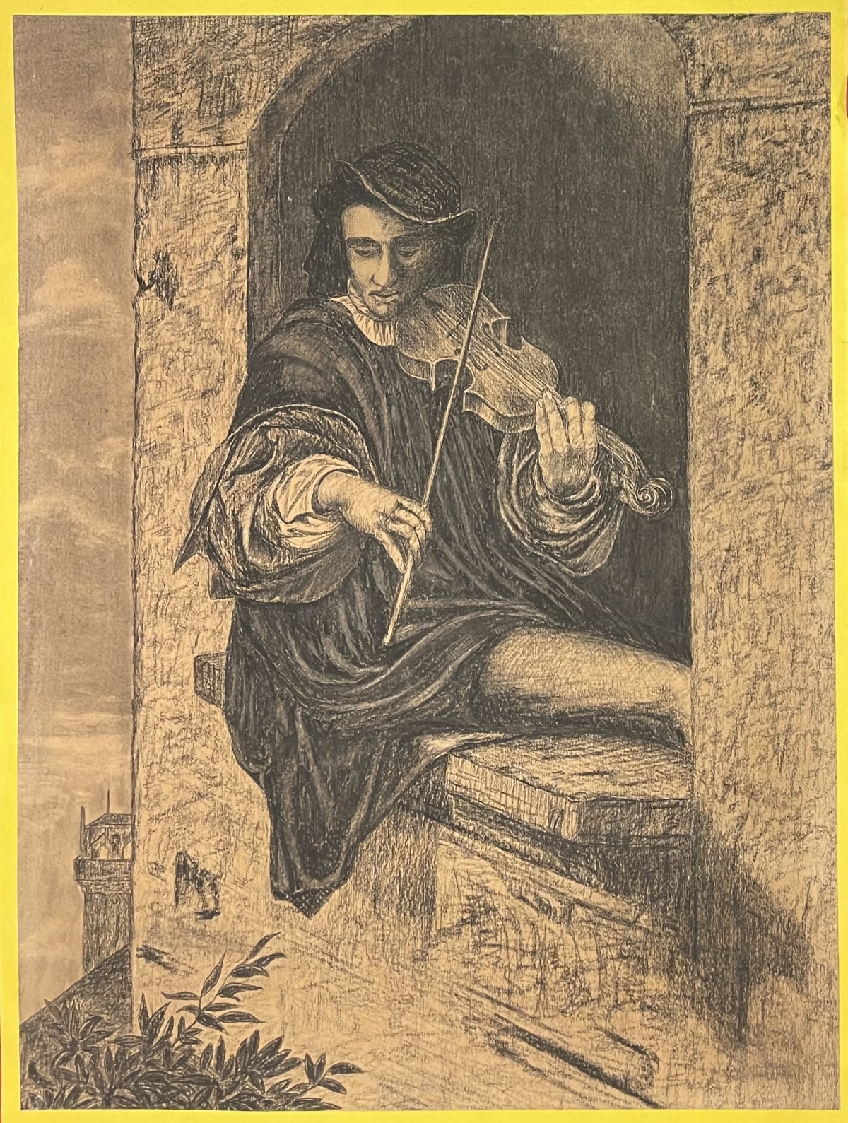 violoniste_dans_la_fenetre_du_beffroi_dessin_graphite_xixe_violon_musique_archet