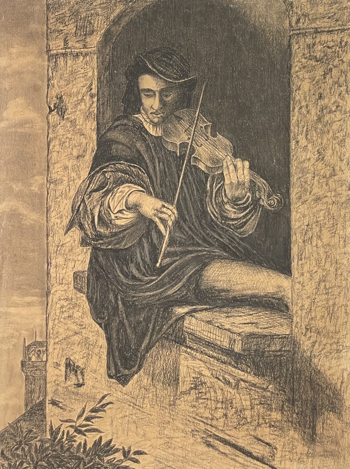 violoniste_dans_la_fenetre_du_beffroi_dessin_graphite_xixe_violon_musique_archet