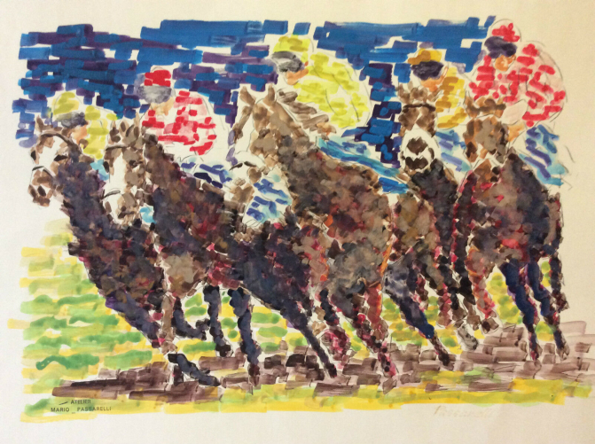 mario_passarelli,_grande_aquarelle__les_jockeys,_chevaux,_cheval_tierce_