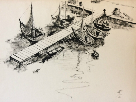 marine__encre,_quai_et_bateaux__signature_a_identifier_datee_de_1967_