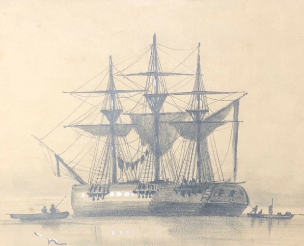 fregate,_trois-mats_carre_au_mouillage__dessin_xixe,_anonyme__marine_bateau_marin_