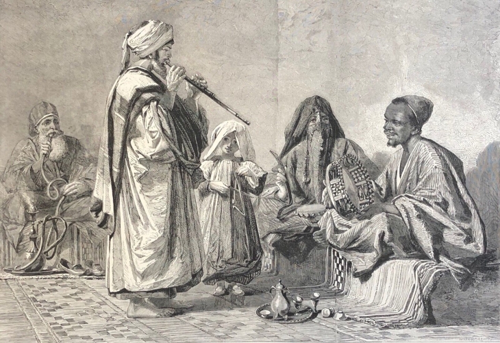 egypte__une_repetition_de_musique_au_caire_vers_1860__tambourin,_flute,_narguile