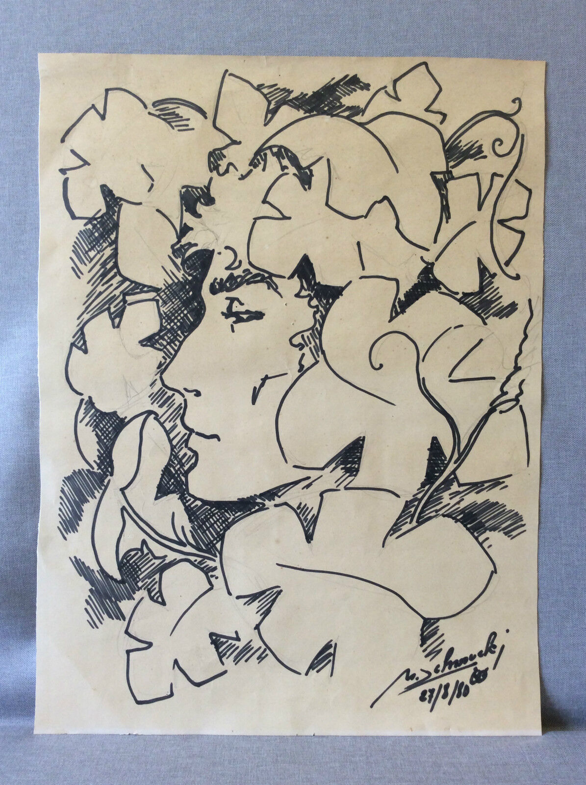 visage__technique_mixte,_feutre_et_crayon__signature_illisible_date_de_80_