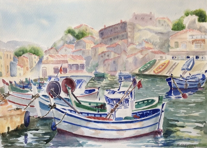 grande_aquarelle__provence,_marseille__port_bateau_bateaux__signee_m__cobourg_