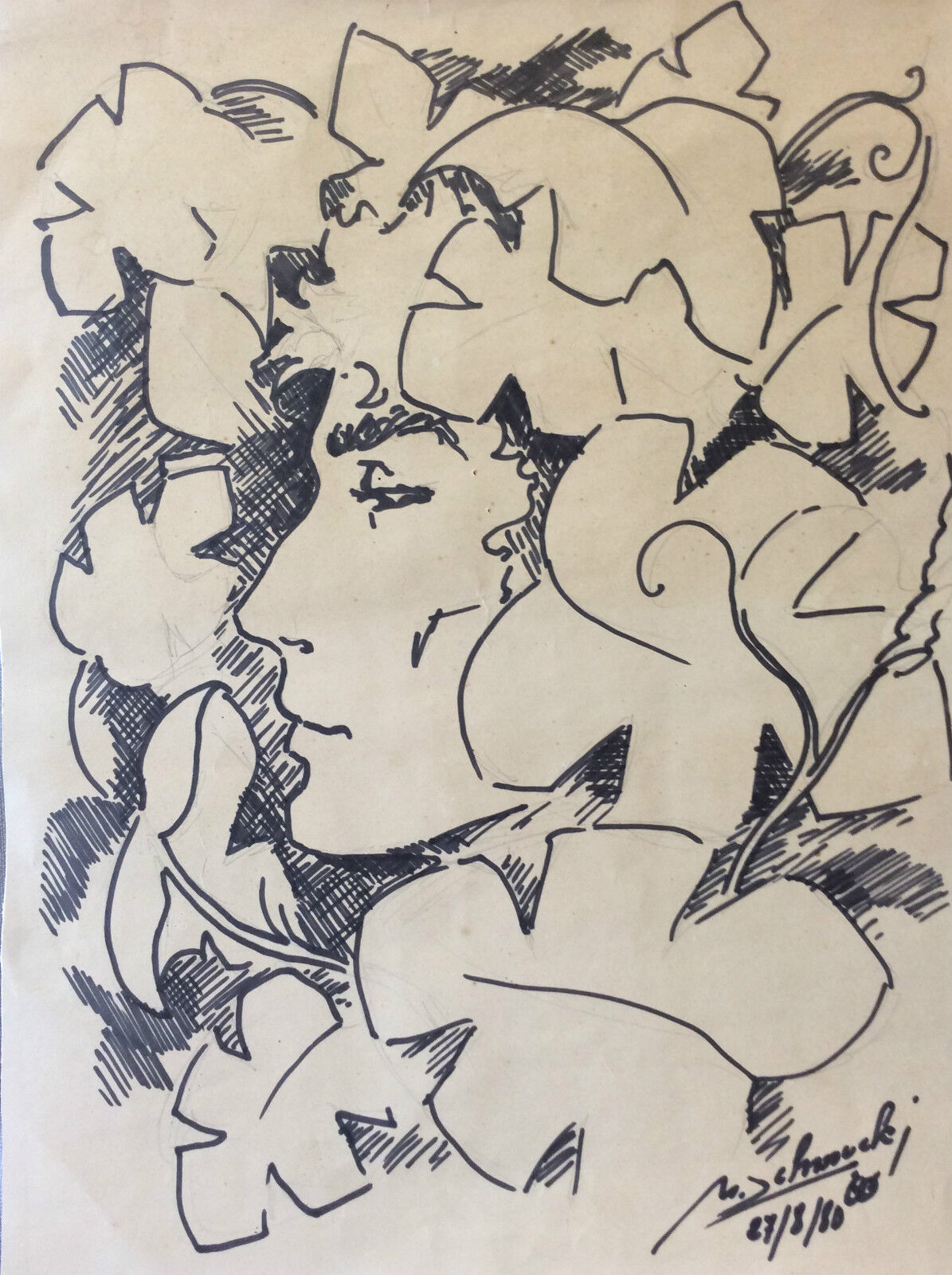 visage__technique_mixte,_feutre_et_crayon__signature_illisible_date_de_80_