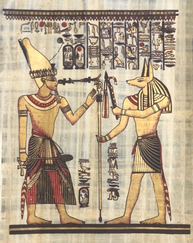 egypte__anubis_et_le_pharaoh_seti_i_au_temple_dabydos__el_balyana,_papyrus_xxe