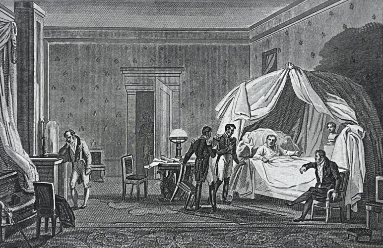 napoleon_bonaparte_sur_son_lit_de_mort_sainte-helene_1821_gravure_de_couche_1838