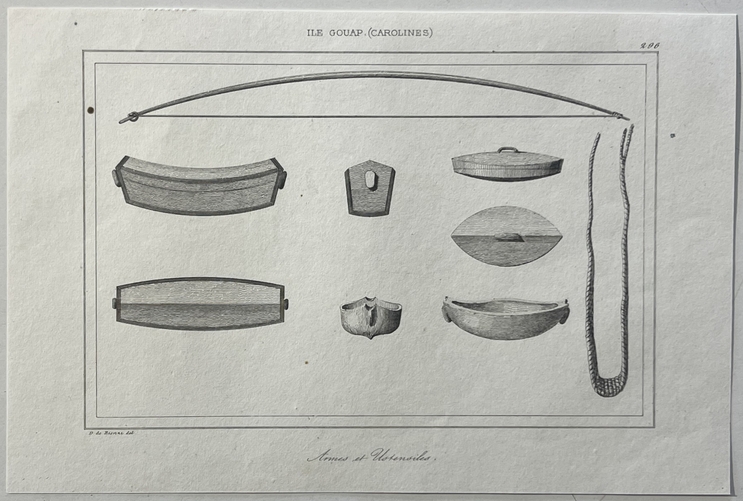 caroline_islands_1836_gouap_original_antique_engraving_native_weapons_&_utensils